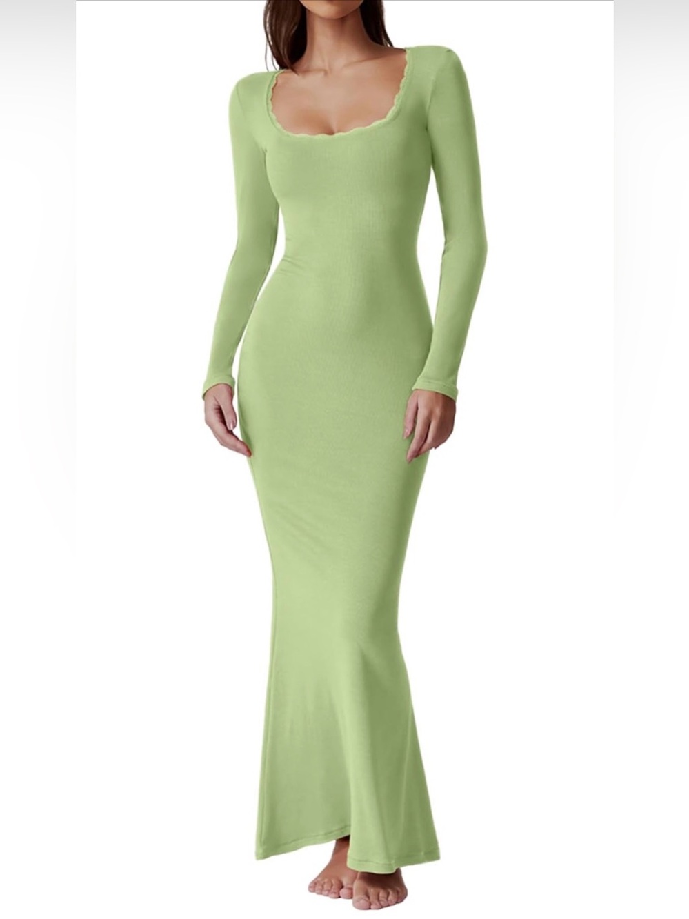 XS Women's Ribbed Knit Long Sleeve Scoop Neck Maxi Dress with Lace